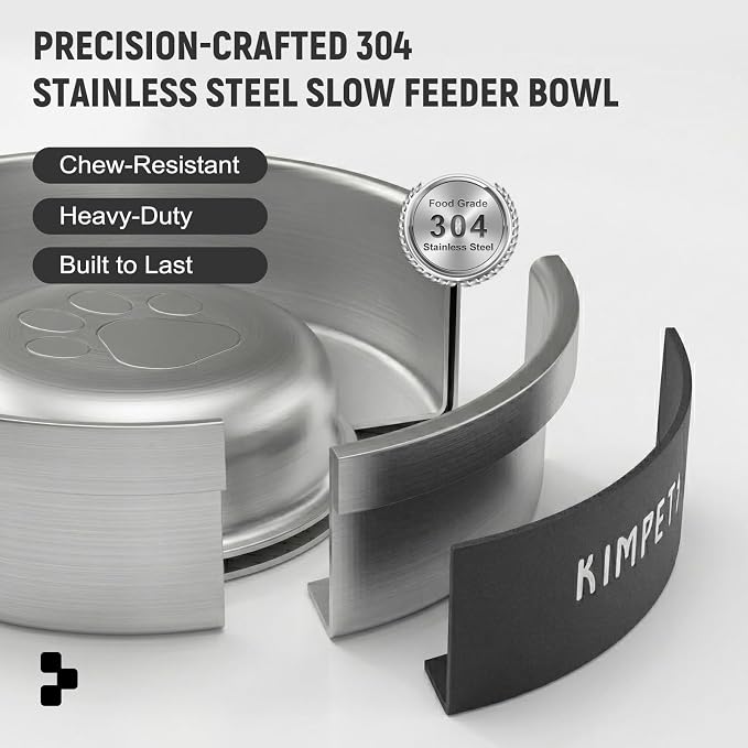 Dog Slow Feeder Bowl Slow Eating Dog Bowl Slow Feeder Dog Bowls 304 Stainless Steel Double Wall Durable Non-Slip Rubber Base - Black