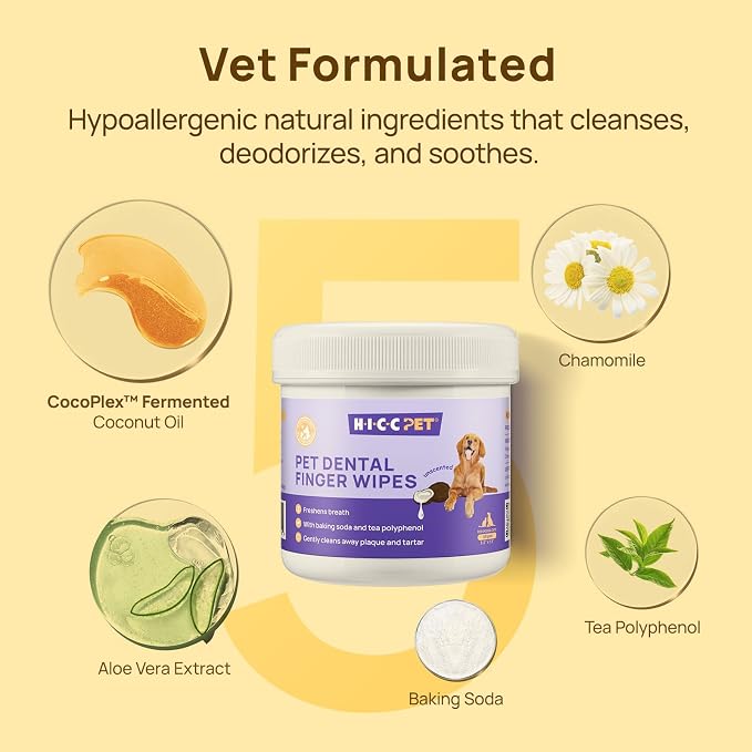 HICC Pet Teeth Cleaning Wipes for Dogs & Cats, Remove Bad Breath by Removing Plaque and Tartar Buildup No-Rinse Dog Finger Toothbrush, Disposable Gentle Cleaning & Gum Care Pet Wipes, 100 Counts