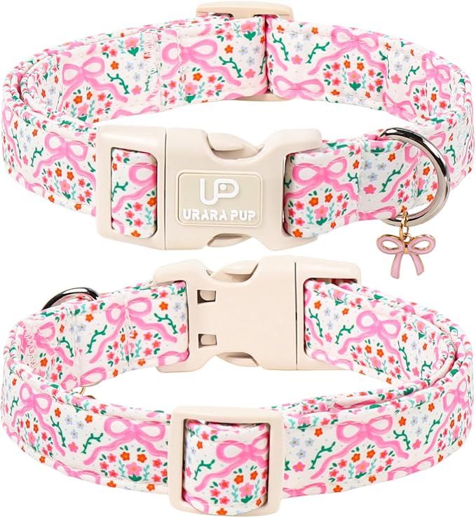 Cute Floral Cotton Dog Collar with Pink Bow Charm, Soft Adjustable Puppy Collar with Durable Quick Release Buckle for Small Medium Dogs Girl Pets