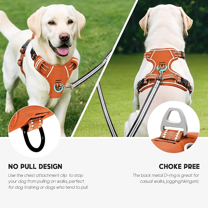 Timos Dog Harness Medium Sized, No Pull Pet Harness with Neck Lockable Snap, No Choke Front Clip Reflective Vest, Adjustable Metal Rings 3 Buckles, Easy Control Handle for Medium Dogs Pumpkin Orange M