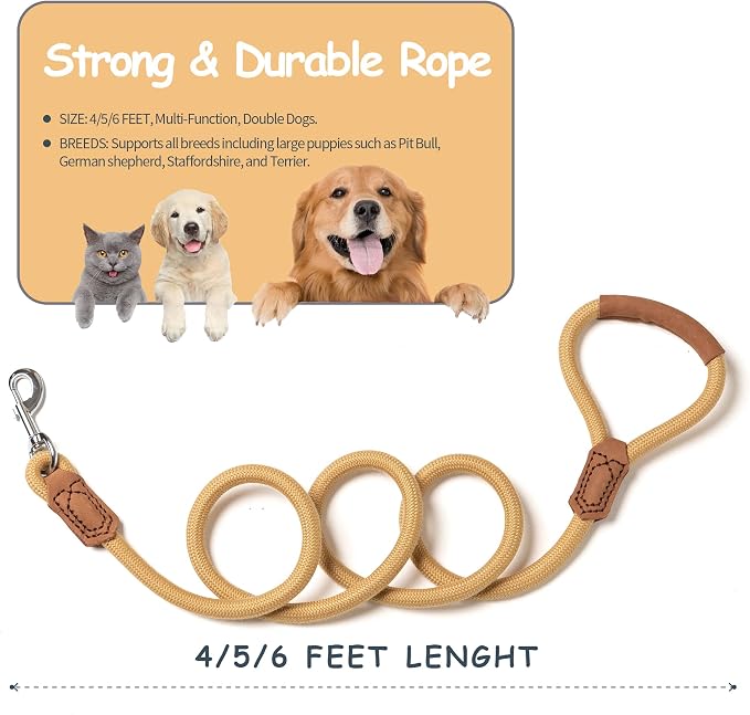 Mile High Life | Premium Leather Handle Dog Leash | Strong Rope Leash | Zinc Alloy Strong Clasp | Small Medium Large Dogs | 4/5/6 Feet(Yellow, 60 Inch (Pack of 1))