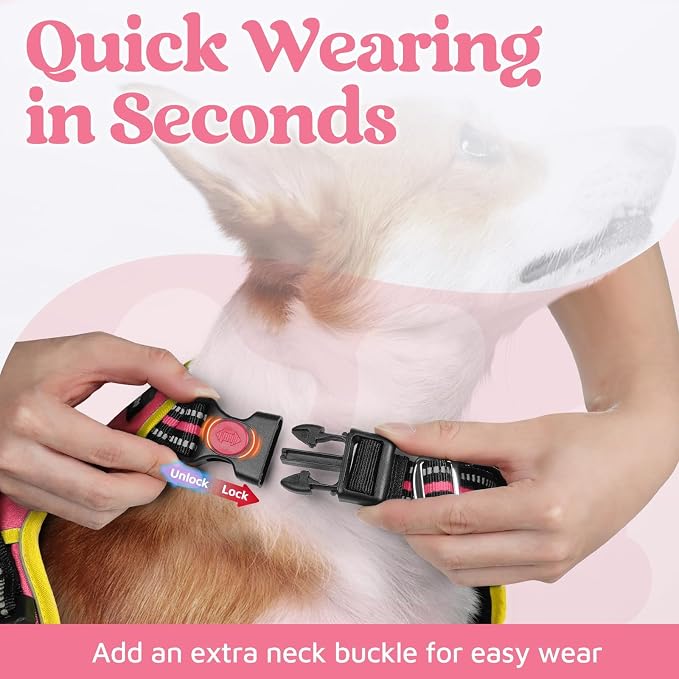 rabbitgoo Dog Harness for Large Dogs, 3 Buckles Easy On & Off No Pull Pet Vest, Soft Padded Walking Pet Harness with Control Handle, Adjustable and Reflective, Pink & Yellow, L