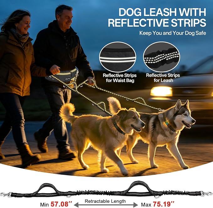 Hands Free Double Dog Leash for Two Dogs,240LB Heavy Duty Retractable with Partitioned Pouch Adjustable Waist for Walking Running Jogging Hiking Biking Training for Medium/Large(Not for＜25LBS)