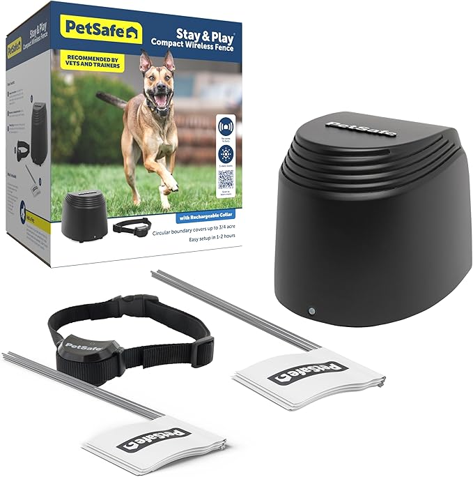 PetSafe Stay & Play Compact Wireless Fence, LCD Screen to Adjust the Circular Boundary, Secure up to 3/4 Acre Area, Use for All Your Pets, Portable System with 50 Extra Flags