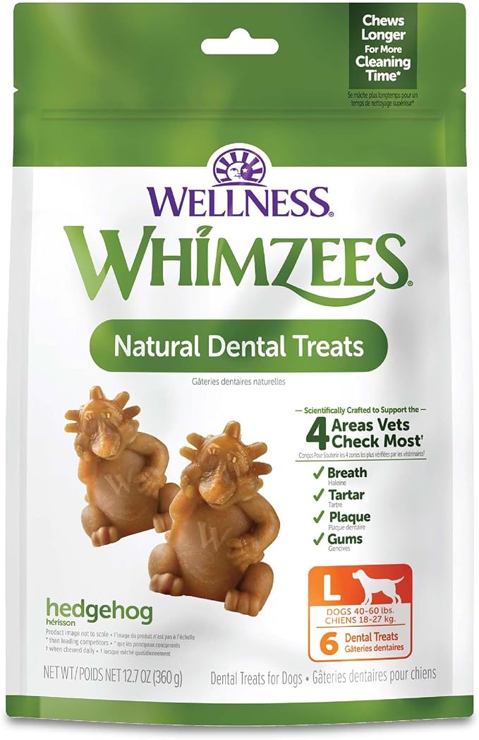 Whimzees Wellness Hedgehog Natural Dog Dental Treat, Chews, Freshens Breath, Large Size, 12.7 oz Bag, 6 Count