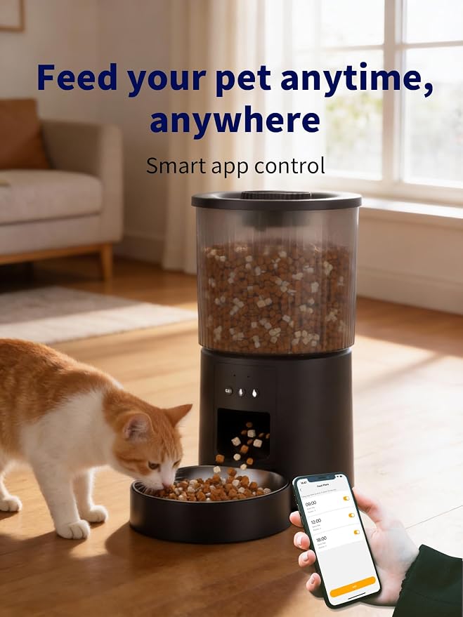 Automatic Cat Feeder, 2.4GHz WiFi Automatic Dog Food Dispenser, Fresh Protection, 4.5L Timer Feeder, Personalized Recording 10 Seconds, Easy to Clean, Stainless Steel Bowl (Single/Black)