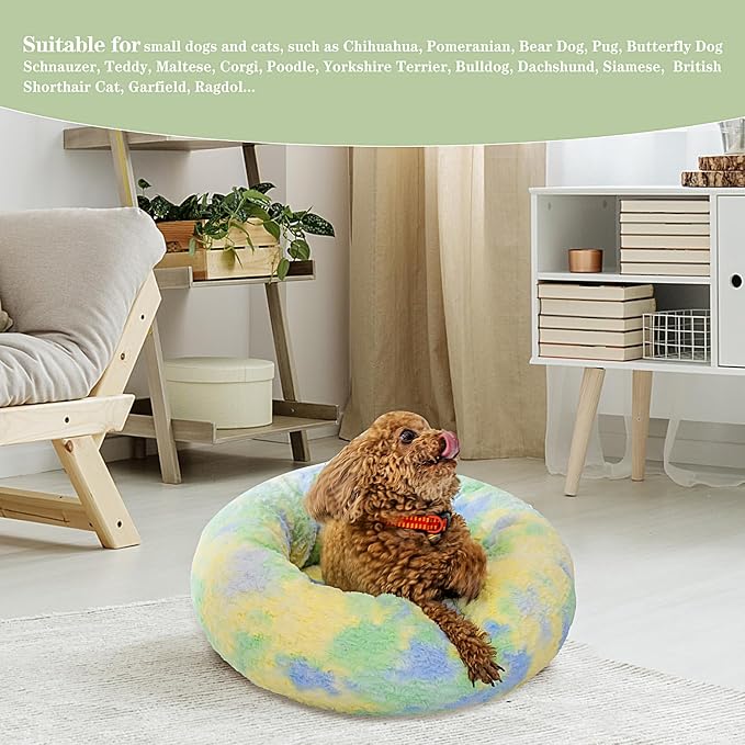 Calming Dog Bed for Small Dogs Cats, Kitty Puppy 23'' Round Anti-Anxiety Warm Fluffy Plush Faux Fur Bed, Soft Anti-Slip Donut Washable Small Pet Bed, Cozy Cat Puppy Bed, Fits up to 30 lbs Pets