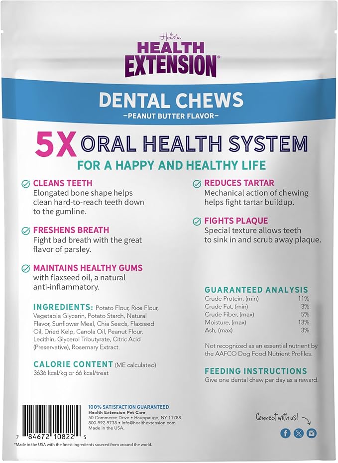 Health Extension Peanut Butter Dental Bones for Dogs, 8 Medium Bones, Healthy Gums, Freshens Breath, Cleans Teeth, Training or Reward, 6 oz Bag (Pack of 1)
