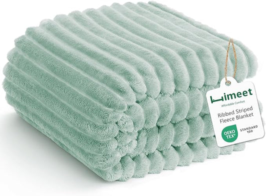 HIMEET Fleece Sage Green Throw XL Blanket for Couch - 300GSM Ribbed Cozy Outdoor Blankets for Travel Camping Nap, Birthday Gifts for Women Men Him, Long Sofa Room Decor Office Throws, 50x70 Inches