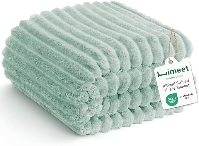 HIMEET Fleece Sage Green Queen Blanket for Bed - 300GSM Ribbed Soft Cozy Bedding Blanket, House Warming Gifts New Home, Luxury Bedroom Decor Throws, 90x90 Inches