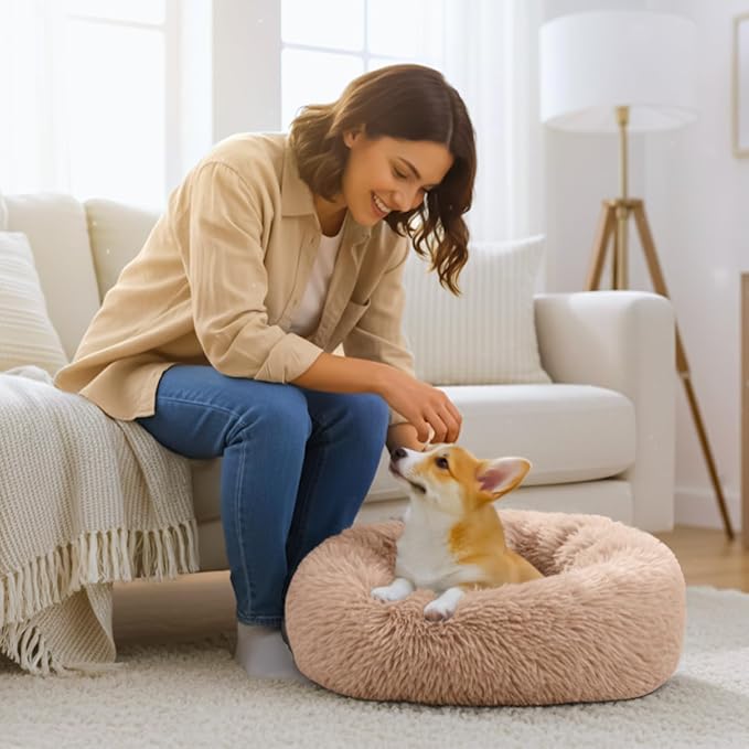 Calming Donut Dog and Cat Bed for Indoor Cats, Anti-Anxiety Round Fluffy Soft Washable Small Pet Bed for Puppy & Kitten, Warming Comfortable Luxury Anti-Slip Waterproof Mute Base 20in (Camel)