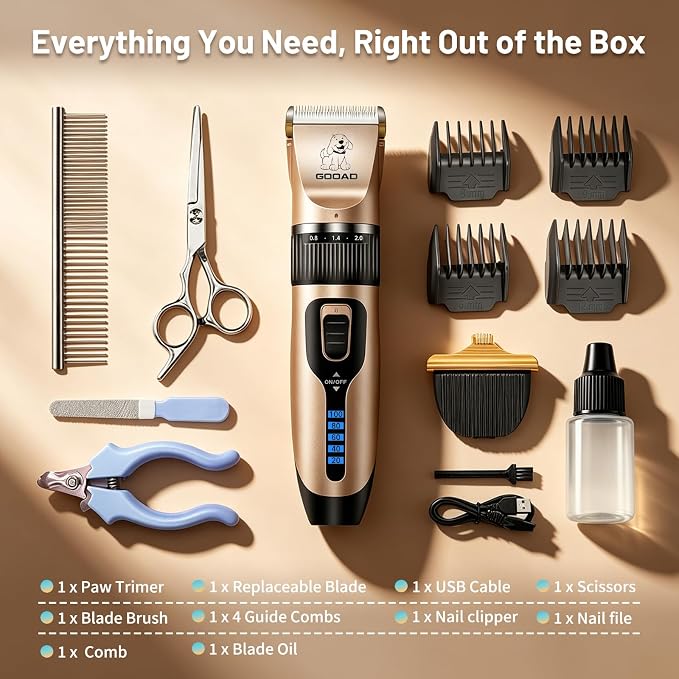 Dog Clippers for Grooming,Dog Grooming Kit for Heavy Thick Hair&Coats/Low Noise Rechargeable Cordless Hair Trimmer/Pet Shaver with Paw Trimmer for Small & Large Dogs Cats