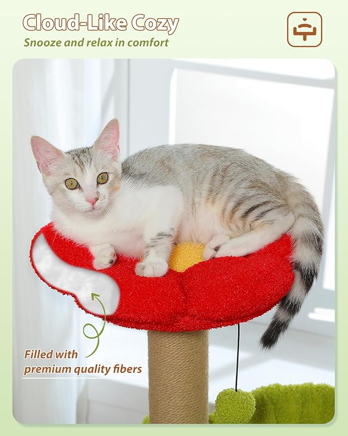 MUTTROS Flower Cat Tree with Sisal Scratching Posts, 35" Cute Cat Tower with Large Green Hammock for Small Indoor Cats, Cat Condo with Removable Flower Bed for Kittens, Brown