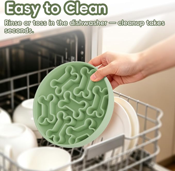 Silicone Slow Feeder Dog Bowl – Green Bone Pattern | Food-Grade Non-Slip Dog Dish for Anti-Bloat, Fast Eating Prevention, 7.5” x 1.5”, Dishwasher Safe