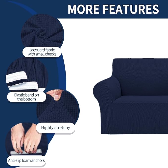 Cupuamon 2026 New Stretch Oversized Sofa Slipcovers Couch Sofa Cover for 4 Seater Furniture Protector Covers with Elastic Bottom Jacquard Fabric Small Checks for Pets, Kids - Navy
