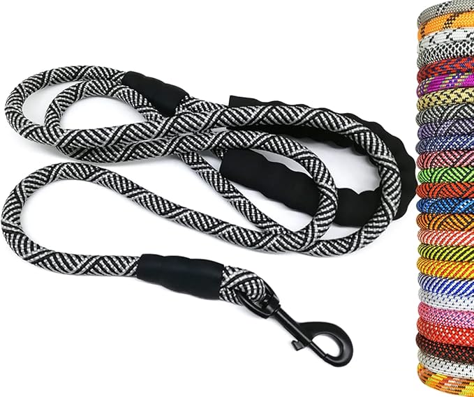 MayPaw Heavy Duty Rope Dog Leash, 3/4/6/7/8/10/12/15/20/30 FT Long Dog Lead Nylon Pet Leash, Soft Padded Handle Thick Lead Training Leashes for Large Medium Dogs (15ft * 1/2", Black)