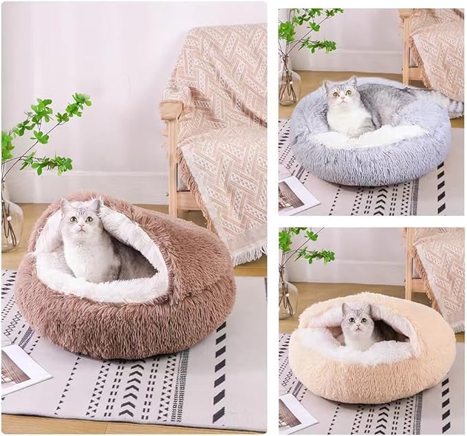 Cat Bed Round Fluffy Hooded Cat Bed Cave, Anti-Anxiety Cave Bed with Hooded Blanket, Cozy Cuddler Luxury Puppy Pet Bed, Anti-Slip Bottom and Machine Washable (Brown, Large)