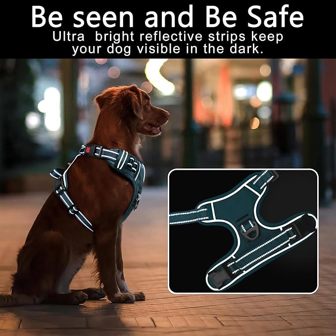 Timos Dog Harness Large Sized, No Pull Pet Harness with Neck Lockable Snap, No Choke Front Clip Reflective Vest, Adjustable Metal Rings 3 Buckles, Easy Control Handle for Large Dogs Blackish Green L