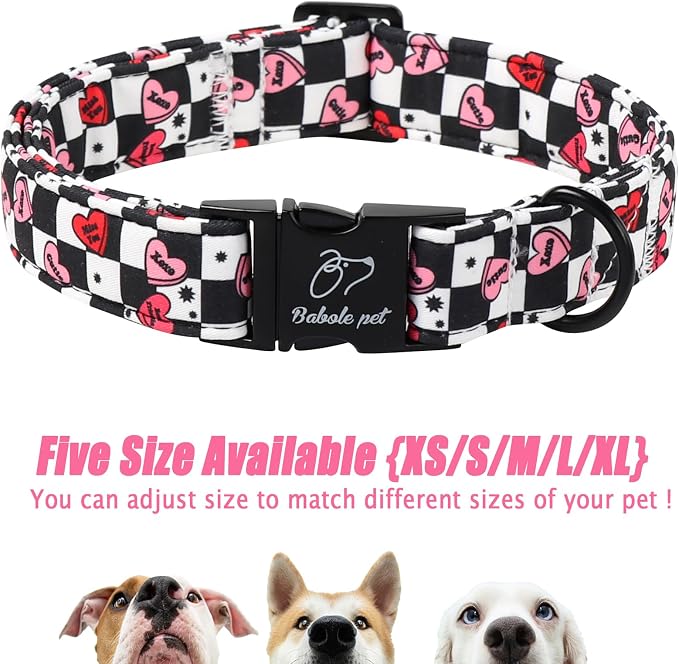 Valentines Dog Collar for Medium Dogs - Unique Black White Plaid Girl Boy Valentine Heart Dog Collars, Adjustable Heavy Duty Pet Collar with Metal Buckle M