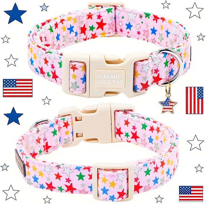 Elegant Little Tail 4th of July Dog Collar with Pendant, Patriotic Pink Stars Patriot Pattern Cotton, Sturdy Quick-Release Plastic Buckle, Girl Adjustable Pet Collar for X-Small Dogs