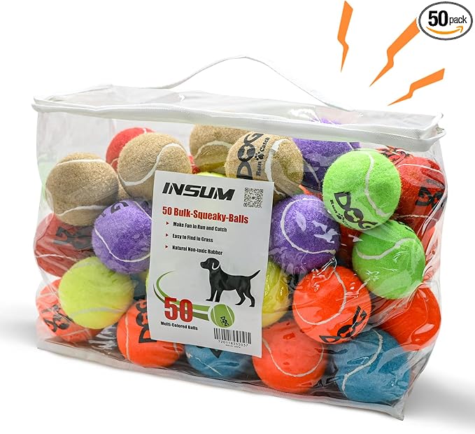 INSUM Squeaky Tennis Balls for Dogs - Bulk 50 Pack 2.5'' Durable Non-Toxic Outdoor Dog Toys Balls with Mesh Bag, SGS Certified, Colorful Fetch Toys, Medium Large Breeds