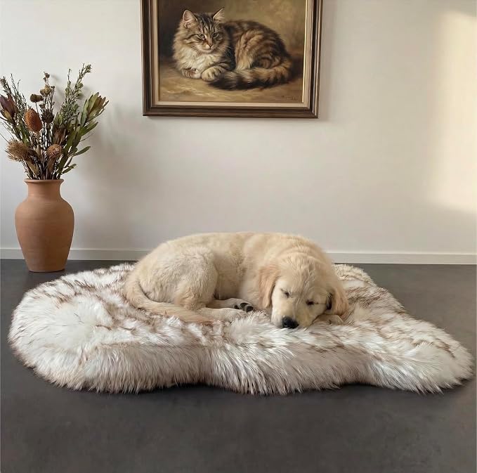 IHAPPYDOG Luxury Faux Fur Orthopedic Dog Bed, Memory Foam Dog Bed for Small, Medium, Large and XL Pets, Fluffy Pet Rug with Waterproof and Washable Cover (White w/Brown Tips, 40"x25")