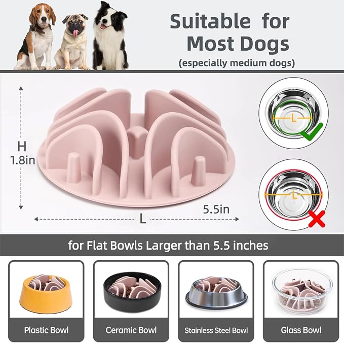 2 Pcs Slow Feeder Insert for Dog Bowl, Anti-Choking Silicone with Strong Suction Cups, Fits Most Dog Bowls, Ideal for Medium, Large Breeds (White+Pink)