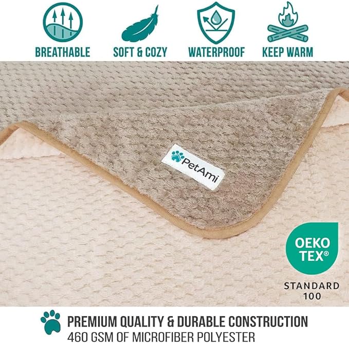 PetAmi Waterproof Dog Blanket, Leakproof XL Pet Blanket for Large Dogs, Furniture Sofa Couch Cover Protector, Fleece Cat Throw Bed Crate Kennel, Reversible Washable Soft Plush, Queen 90x90 Taupe Beige