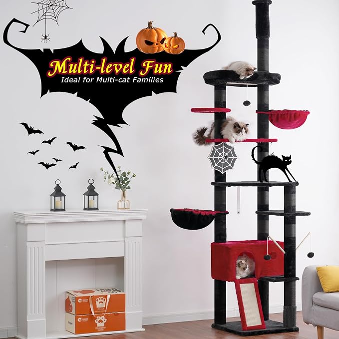 Hey-brother Gothic Cat Tree, 98.4-110.2 Inches Floor to Ceiling Cat Tree-Adjustable Height, Tall Cat Climbing Tower for Cats Large Adult with Scratching Post, Cat cando, Black and Red 0MPJ091BR