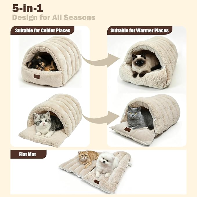 Covered Cat Bed Cave for Indoor Cats, 2-in-1 Enclosed Pet Bed for Kittens with Zippered Washable Cat Mats, Cat House Bed, Beige