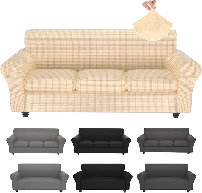 Stretch Couch Covers for 3 Separate Cushion Couch Sofa -Living Room Couch Sofa Cover,Washable Sofa Slipcover,Pet Friendly Furniture Protector with Elastic Bottom,Universal Fit for Home(Beige,Sofa)