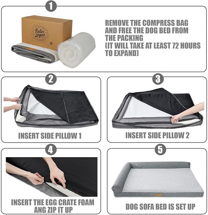 Patas Lague Orthopedic Dog Bed Large Sized Dog 36''X24'', Waterproof L Bolster Medium Pet Sofa Beds with Removable Washable Cover, Soft Pet Couch Crate Mat with Nonskid Bottom, Pink
