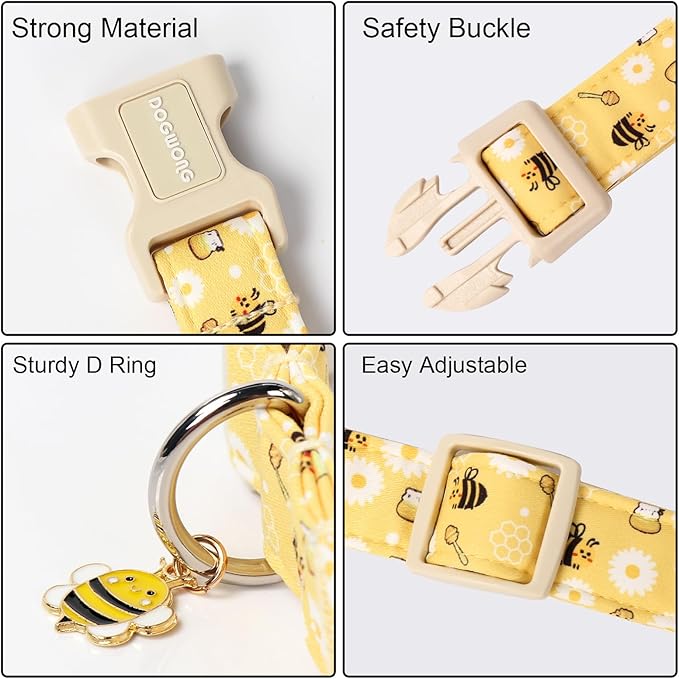 DOGWONG Yellow Bee Dog Collar- Cute Fun Dog Collars Adjustable Designer Spring Puppy Yellowe Dog Collar for Small Medium Large Dogs M
