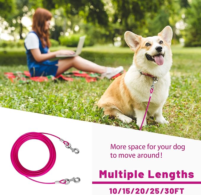 Dog Tie Out Cable 10/15/20/25/30/50 FT Runner for Yard Steel Wire Cable with Durable Superior Clips Pink Dogs Chains for Outside Dog Lead for Large Dogs Up to 165 lbs