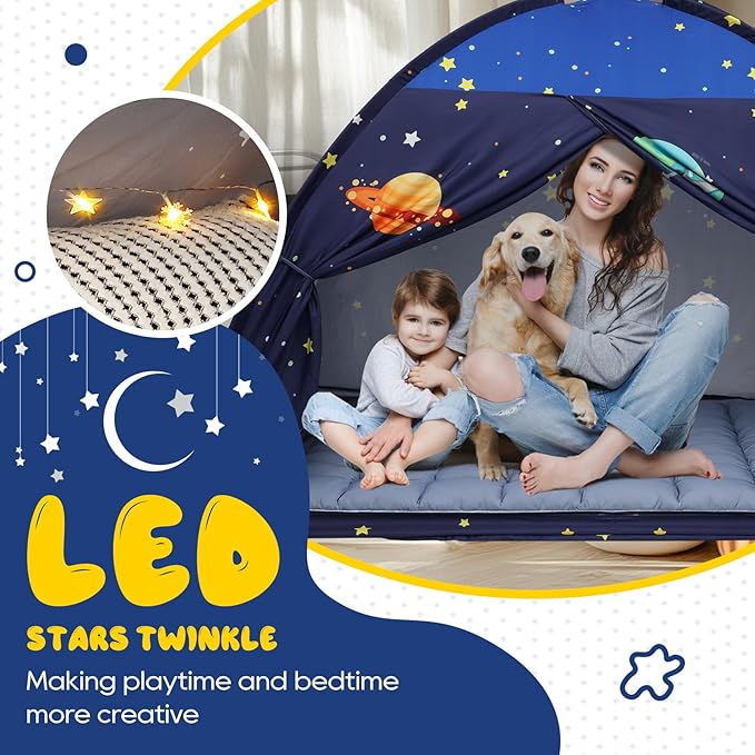 Redants Twin Bed Tent Canopy, Space Indoor Blackout Privacy Toddler Bed Tent for Kids with Light, Portable Sleeping Floor Kids Playhouse (Blue, Twin Size)