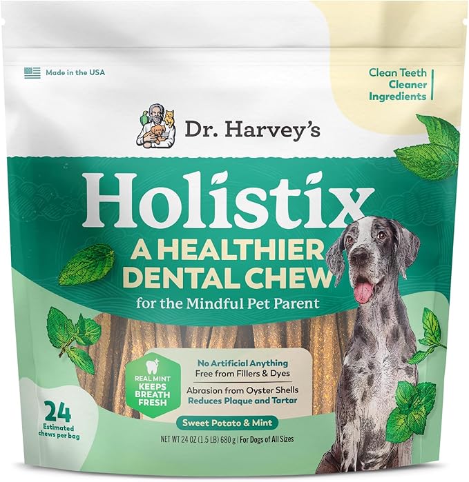 Dr. Harvey's Holistix Dental Chews for Dogs - Healthy Dog Teeth Cleaning & Fresh Breath Treats, Mint, Sweet Potato, Dried Kelp, Oyster Shells (24 Sticks)