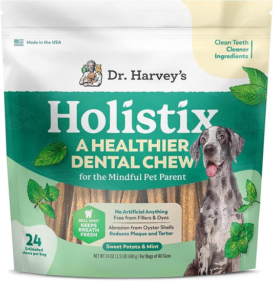 Dr. Harvey's Holistix Dental Chews for Dogs - Healthy Dog Teeth Cleaning & Fresh Breath Treats, Mint, Sweet Potato, Dried Kelp, Oyster Shells (24 Sticks)