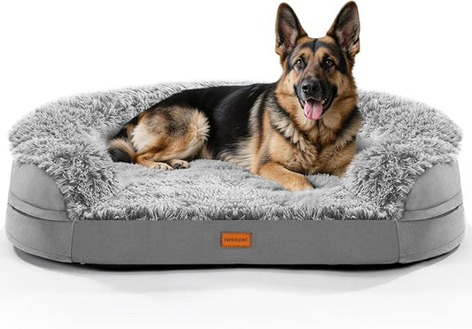 iweepet Fluffy Claiming Jumbo Orthopedic Dog Beds for Extra Large Dogs, Supportive Dog Sofa Bed with 3.7 inch 28D Egg-Crate Foam, Removable Washable Plush Cover, Waterproof Lining, 48’’,Grey