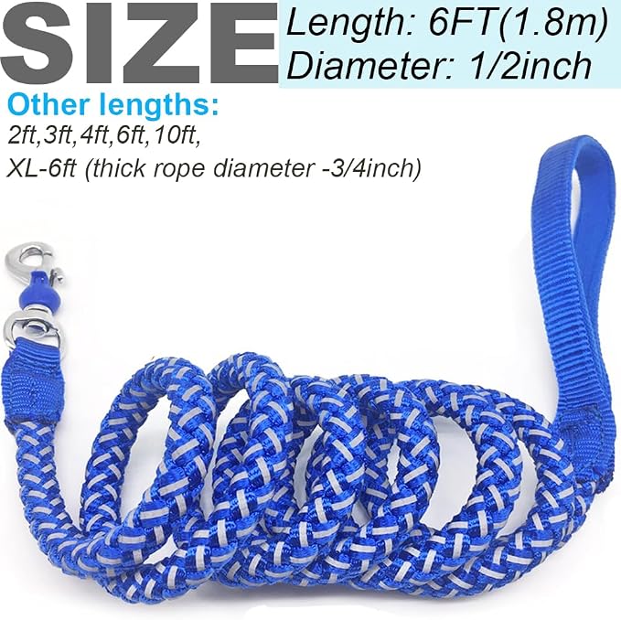 2/3/4/6/10 Foot Reflective Dog Leash Heavy Duty Strong Nylon Rope Braided for Large Medium Small Dogs Walking Training Leads (Blue, 6ft * 1/2")