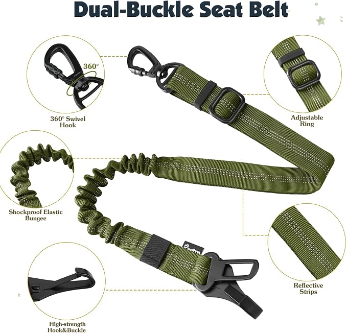 Pawaboo Dog Seat Belt Harness for Car, Dog Car Harness Seatbelt with Double Clips, Adjustable Breathable Pet Vest & Dogs Safety Tether with Elastic Bungee for Small Medium Large Pet, M,Green + Black