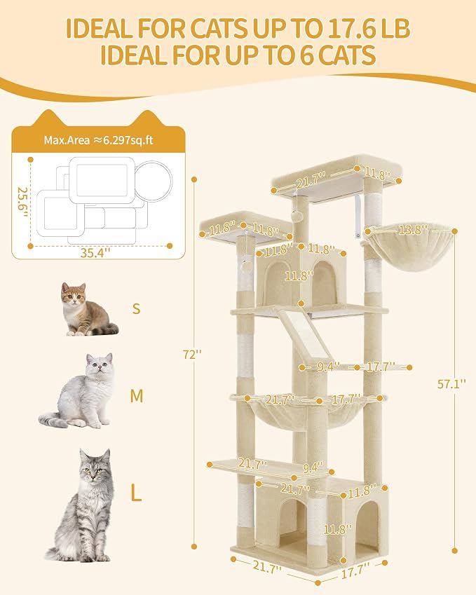 Hzuaneri Large Cat Tree, 72 Inch Tall Indoor Cat Tower for 6 Large Cats, Corner Climbing Activity Pet Condo with 2 Large Platforms/2 Cats House/6 Scratching Post/1 Hanging Basket, Beige MS18318YG