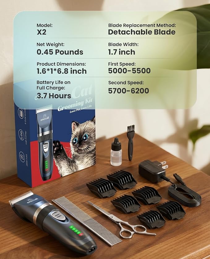 oneisall Quiet Cat Clippers for Matted & Long Hair, 2-Speed Cordless Pet Shaver Grooming Kit for Cats, Small Dogs & Animals (Blue)