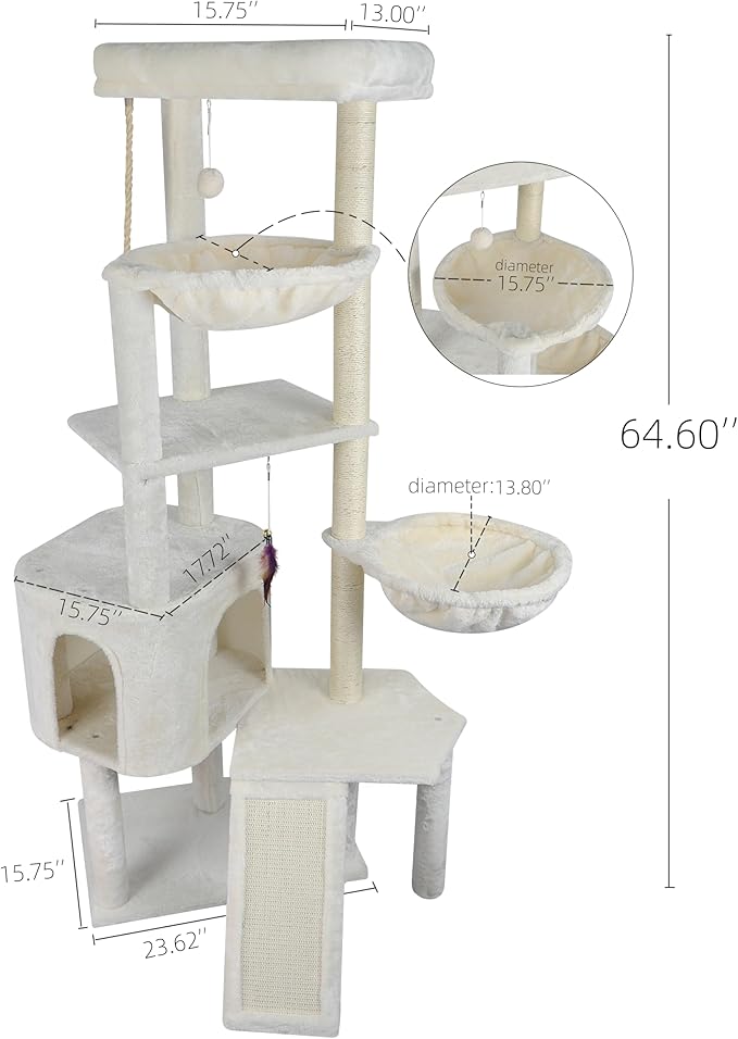 Wang Xin Four Layer Big Cat Tree with Huge Cat Condo and Two Hammocks Scratch Pad,Beige
