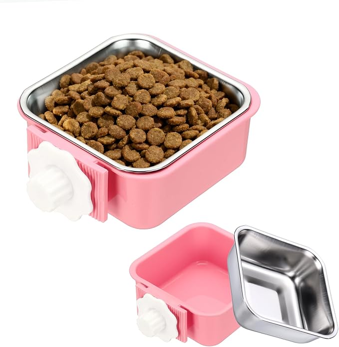 Crate Dog Bowl, Removable Stainless Steel Pet Cage Hanging Anti-Overturn Food Water Feeder Cage Cup (Square, Pink, 11.1oz), Intended for Puppies/Cat/Rabbit/Bird