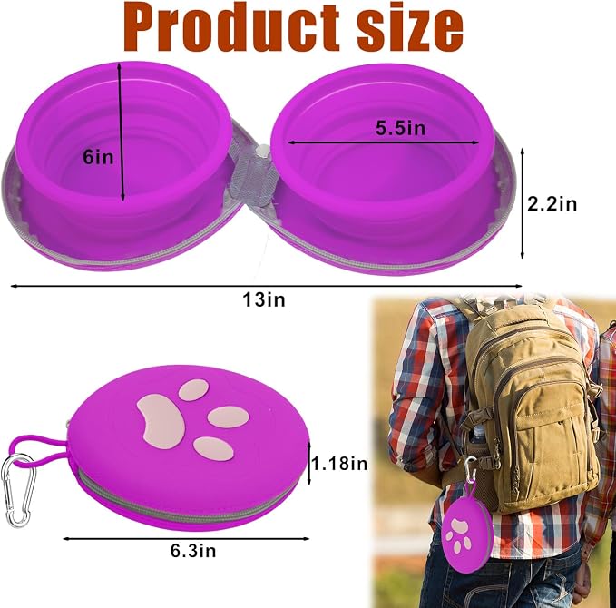 Collapsible Dog Bowls, 2-in-1 Silicone Pet Food and Water Bowl with Carabiner, Portable Double Compartment Dish for Travel, Camping, Hiking Puppy Essentials (A- Purple)
