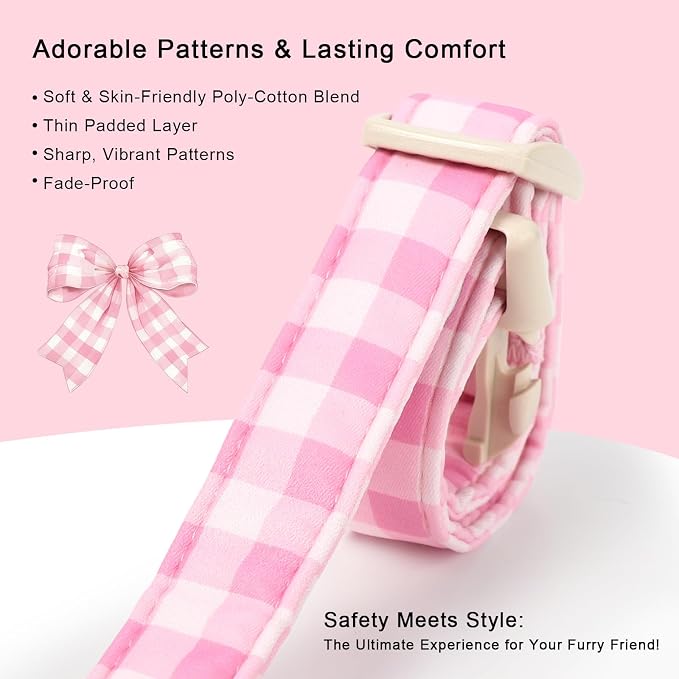 Girl Dog Collar Pink Gingham Dog Collars for Medium Dogs - Lightweight Adjustable Spring/Summer Plaid Male Female Dogs Everyday Collar with Safety Buckle M