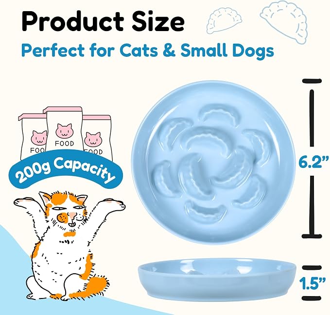 Slow Feeder Bowl for Cats and Small Dogs - Set of 3 Melamine Puzzle Cat Plates for Wet & Dry Food- Whisker Friendly & Dishwasher Safe & Non Slip Design (Blue + Green +White *3, 6.3''W)