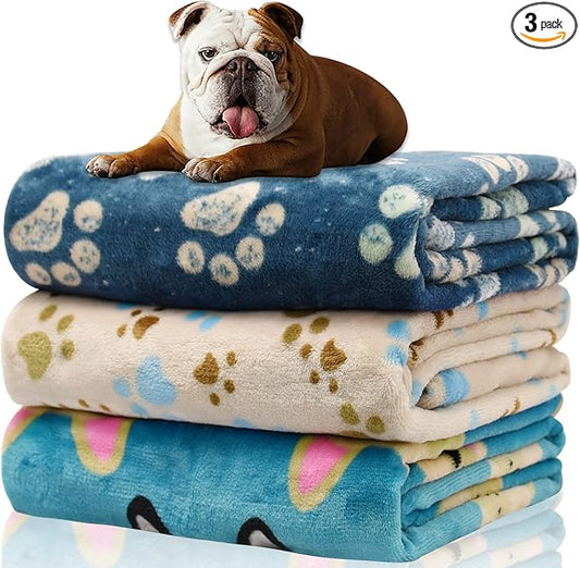 Rezutan Dog Blanket for Medium Dogs, 1 Pack 3 Premium Soft Cat Puppy Blankets, 30x20 inch, Flannel Cute Paw Print for Small Kitten Kennel Crate Bed, Blue/Beige/Navy Blue