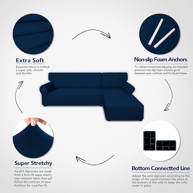PureFit Super Stretch Sectional Couch Covers - 2 pcs Spandex Non Slip Sofa Covers with Elastic Bottom for L Shape Sectional Sofa Couch, Great for Kids & Pets (3 Seat Sofa + 3 Seat Chaise, Navy)