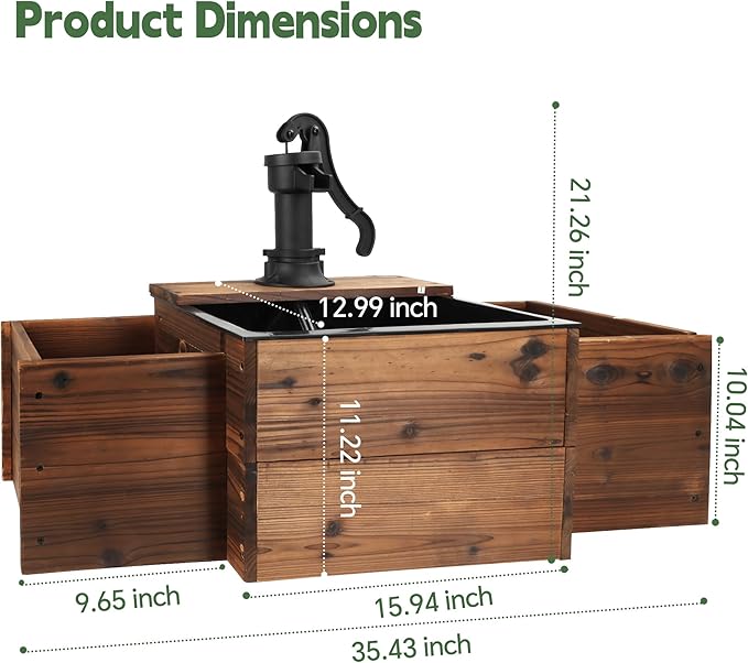 OIPRTGFJ Outdoor Water Fountain,Floor Wooden Pump Old-Fashioned Fountain with Flower Box,Solar Decorative Hand Pump, Outdoor Water Feature for Garden Patio Backyard (Solar Rectangular Pump)
